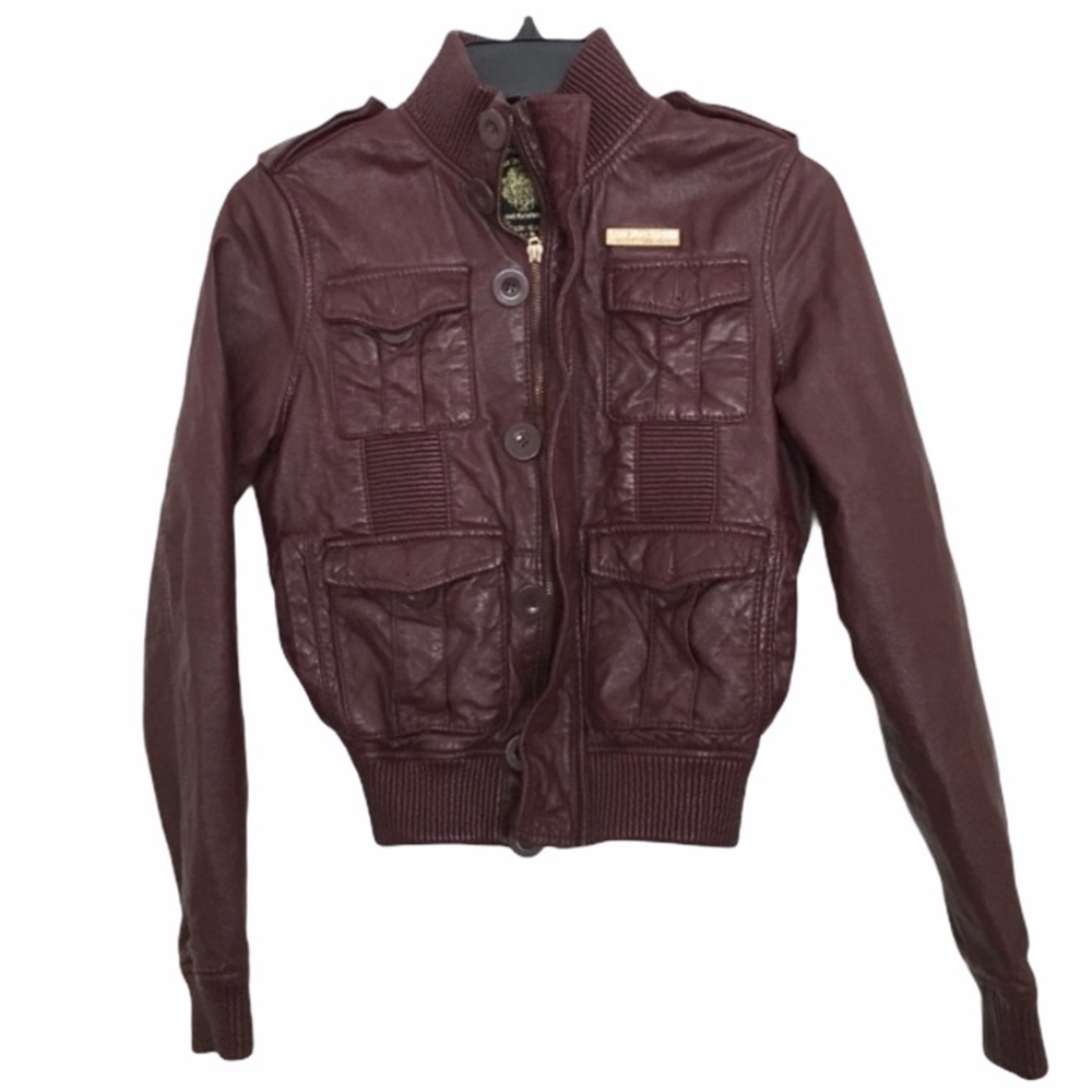 Women’s Burgundy Bomber Jacket - Leather-Style Utility Coat